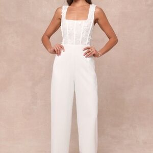 Lulus Truly Profound White Mesh 3d Floral Embroidered Bustier Jumpsuit - Size M